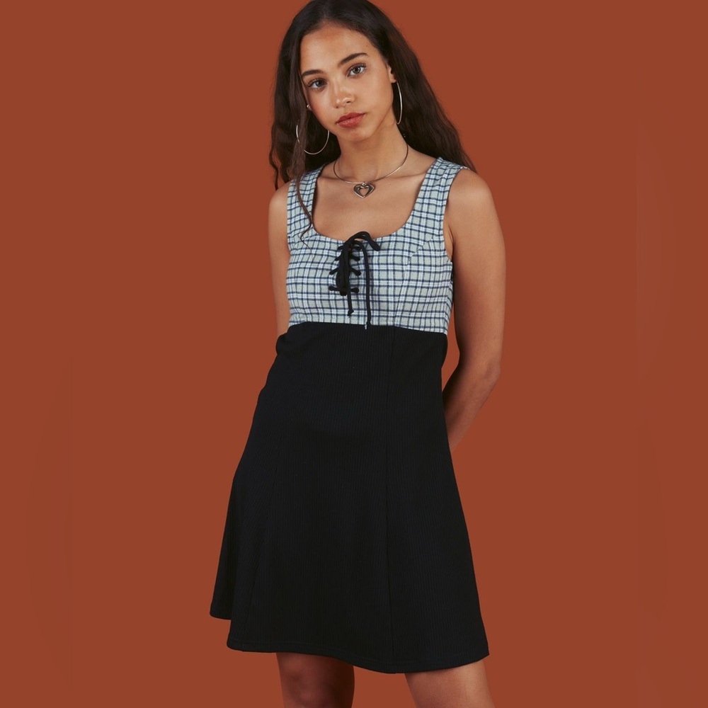 UNIF NWT Lewis Dress Size S Lace Up Plaid Academia Core Fall Babydoll Dress